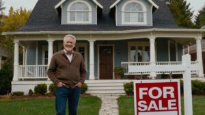 Smiling mature person standing in front of a Southern California home for sale. Downsizing made easy.