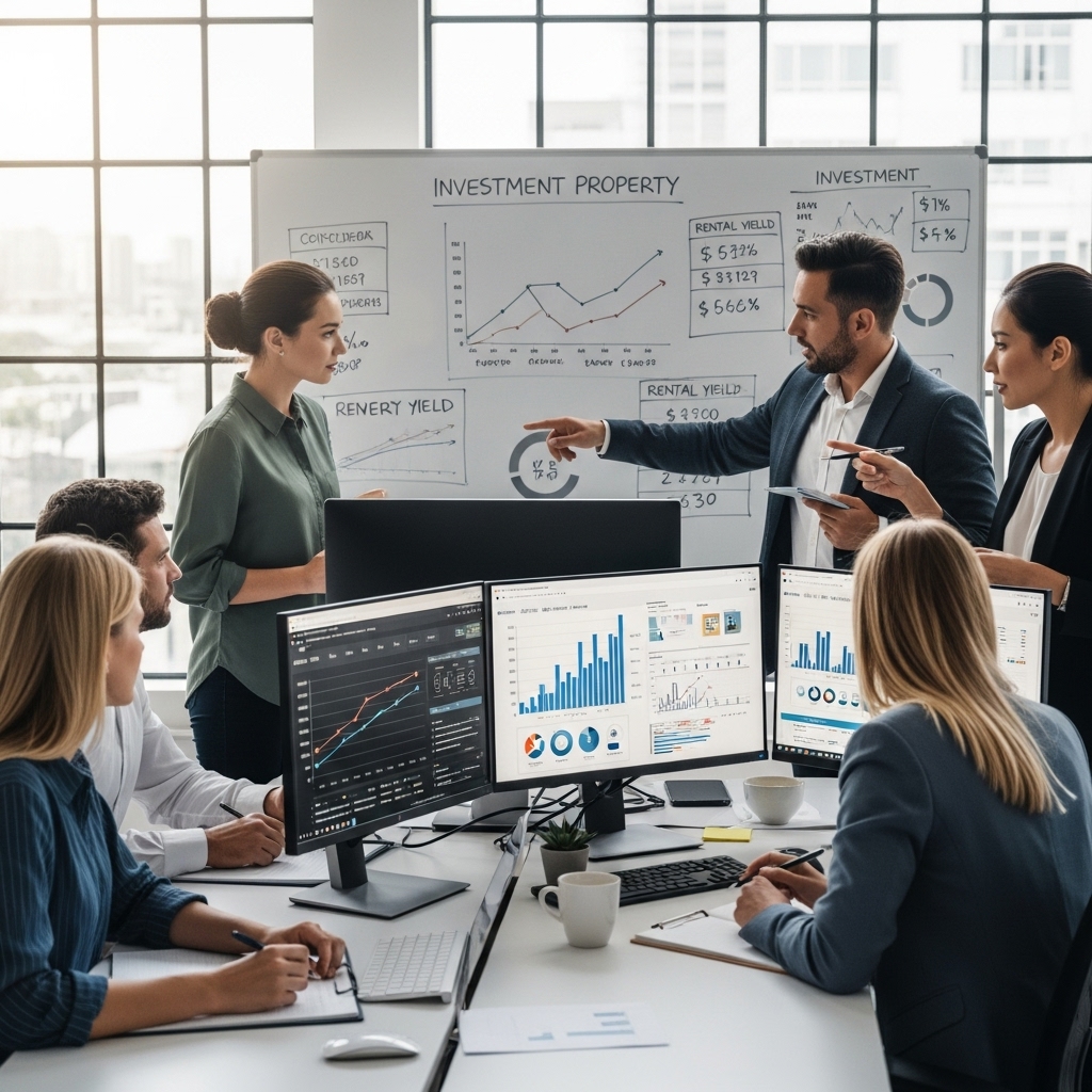 A diverse team of real estate analysts reviewing investment property data on computers, with charts and graphs on a whiteboard, collaborating to make informed decisions.