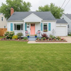 A charming house with a well-maintained lawn and colorful flowers.