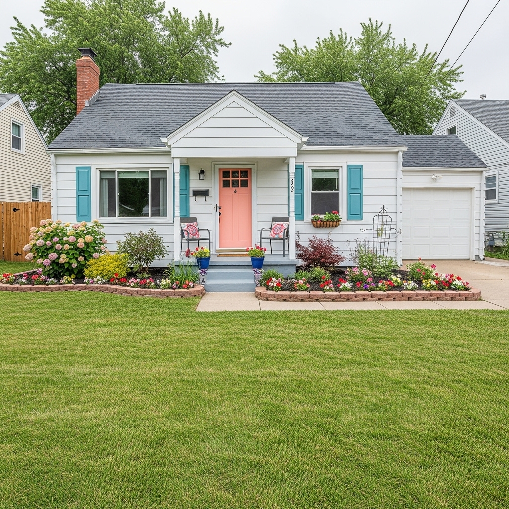 A charming house with a well-maintained lawn and colorful flowers.