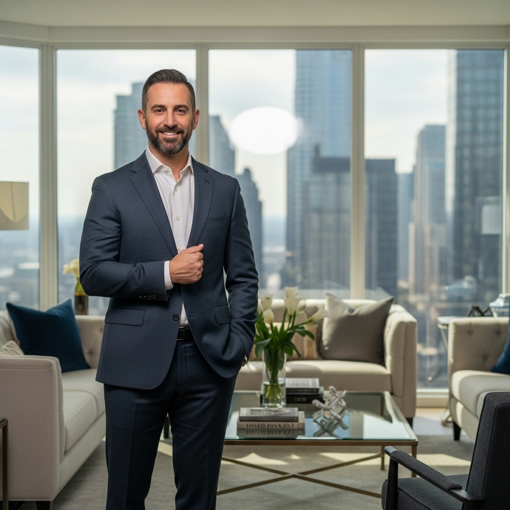 A professional man in a dark suit stands confidently in a modern living room with a city view, representing a multifaceted real estate agent, investor, and advisor.